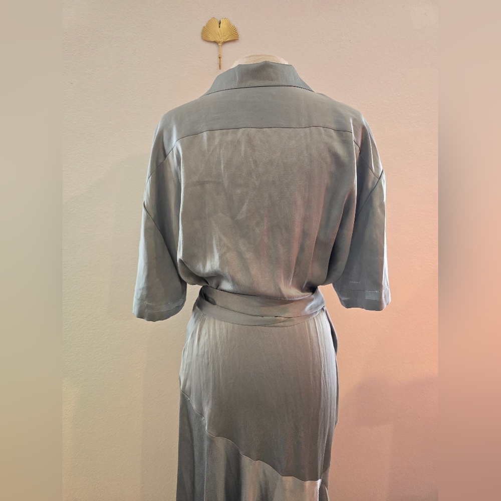 Burberry NEW Emily Mineral Blue 100% SILK Satin Tie Waist Shirt Dress Size 10 - Picture 12 of 16
